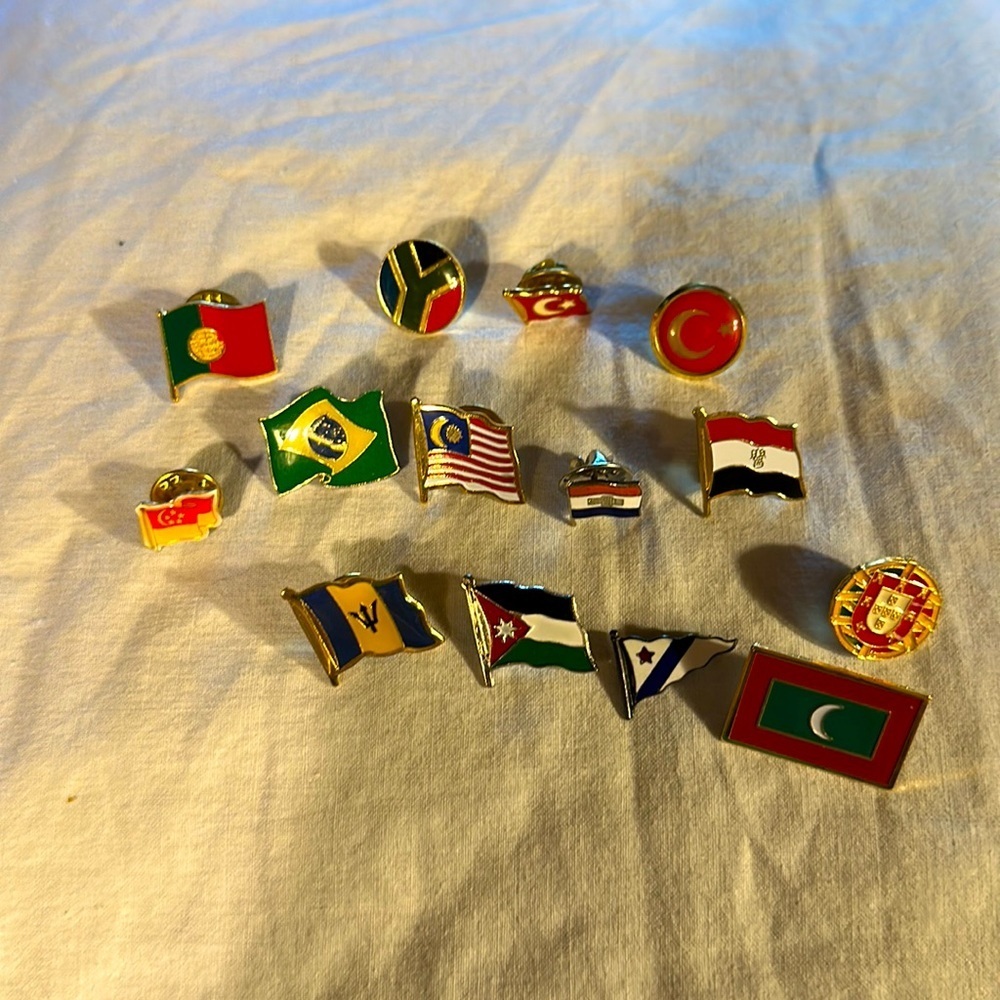 Fourteen Flags Around the World Pins From Great Grandfather’s World Cruise